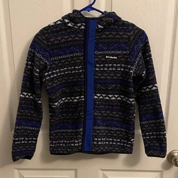 Columbia Kids Hooded Patterned Fleece Jacket in Blue and Black - Picture 1 of 6